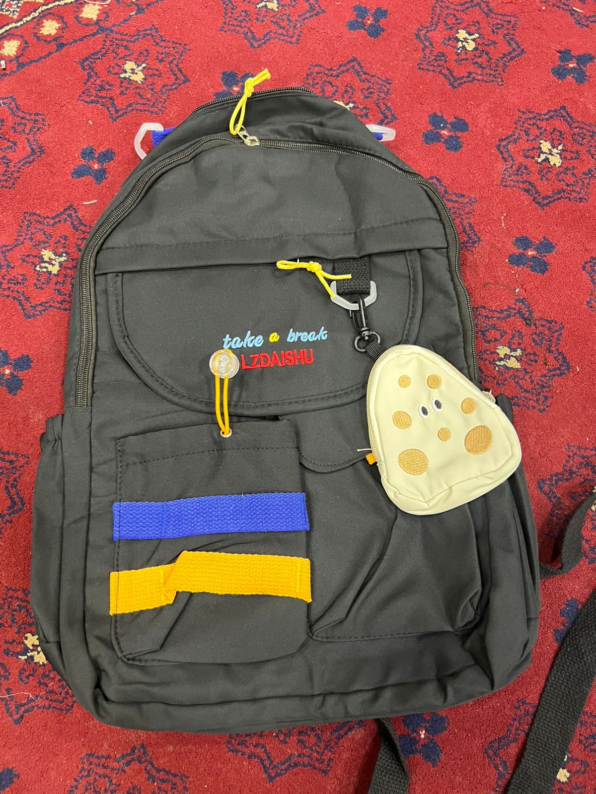 Stylish Black Backpack with Blue & Yellow Stripes + Cute Mouse-