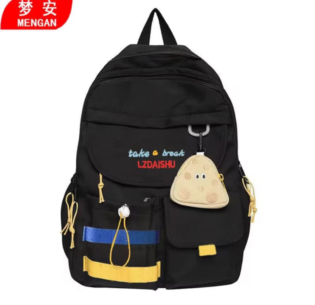Stylish Black Backpack with Blue & Yellow Stripes + Cute Mouse-