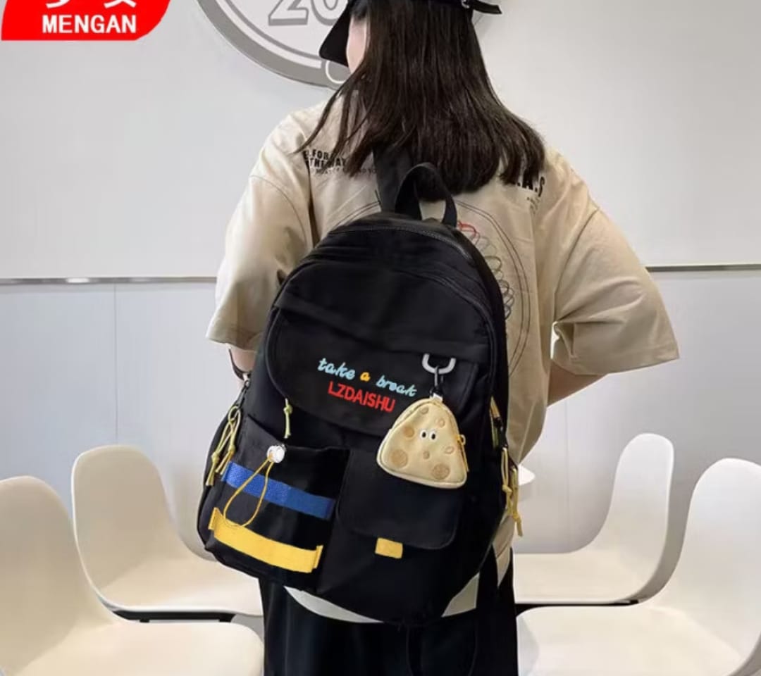 Stylish Black Backpack with Blue & Yellow Stripes + Cute Mouse-