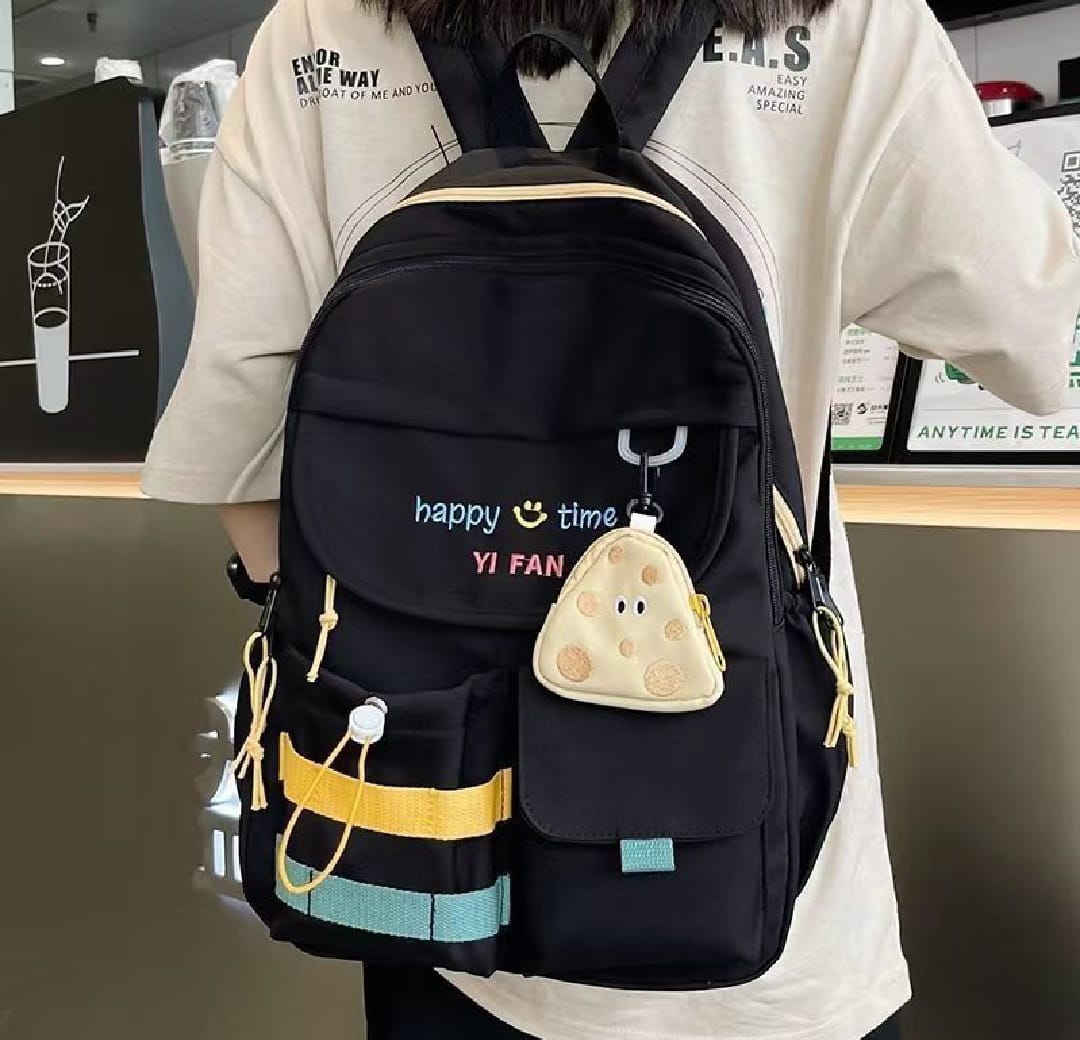 Stylish Black Backpack with Blue & Yellow Stripes + Cute Mouse-